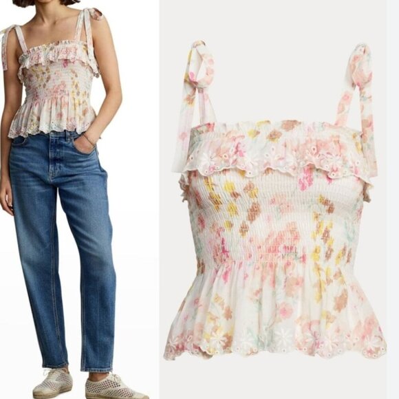 POLO RALPH LAUREN Floral Ruffled Peplum Tank Top Eyelet Pastel Cottage Preppy - Picture 1 of 13